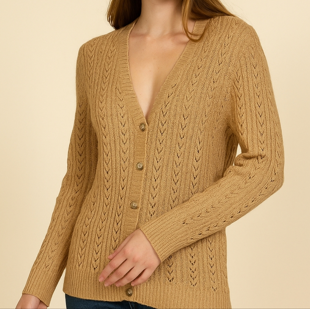 Vintage Breckenridge Gold Metallic Cable Knit Cardigan Stretchy Large Union Made